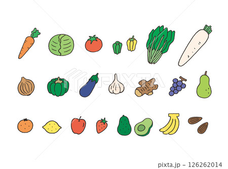 ビタミンを含む主な食べ物の手描きイラストセット（カラー） 126262014