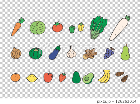 ビタミンを含む主な食べ物の手描きイラストセット（カラー） 126262014