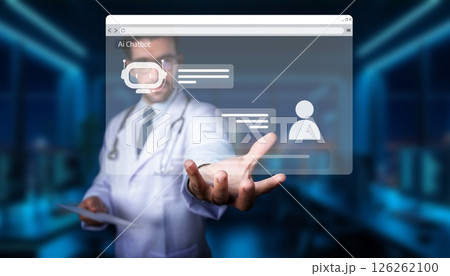 Male healthcare professional interacting with digital AI chatbot technology in modern hospital setting, emphasizing patient communication and innovative solutions. PHMT 126262100