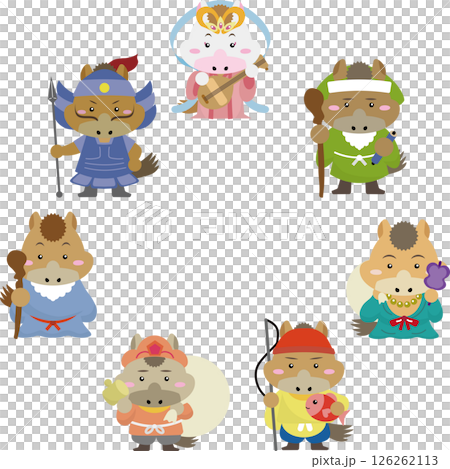 慶祝 2026 年馬年！七福神的馬兒畫著圓圈的可愛畫框風格插畫 126262113