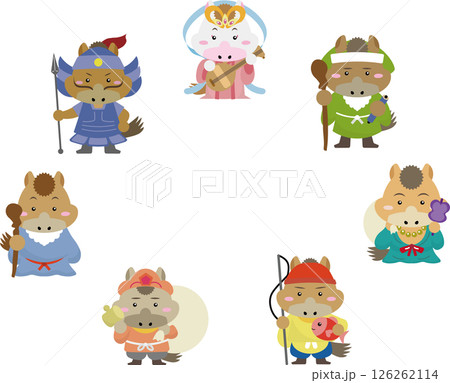 2026年・午年を祝う！七福神の馬たちが円を描く、かわいらしいフレーム風イラスト 126262114