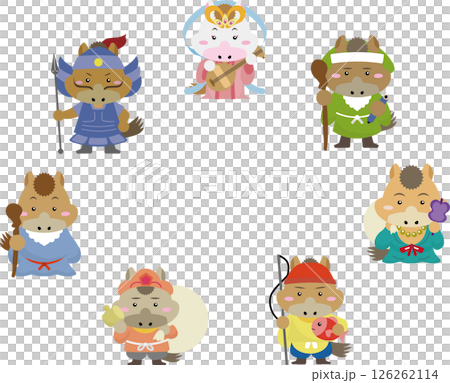 慶祝 2026 年馬年！七福神的馬兒畫著圓圈的可愛畫框風格插畫 126262114