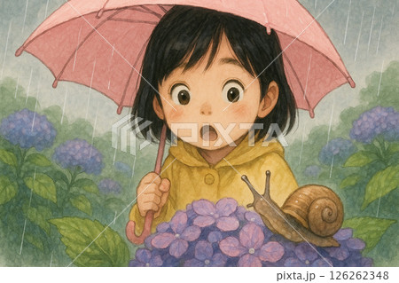 梅雨の時期、紫陽花のカタツムリに驚く女の子 126262348