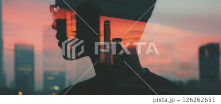 A human silhouette merges with an urban sunset, highlighting individualism and community. 126262651