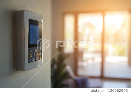 Smart home automation system controller mounted on wall in modern apartment 126262948