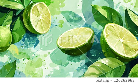 Fresh limes and leaves creating a refreshing watercolor design 126262965