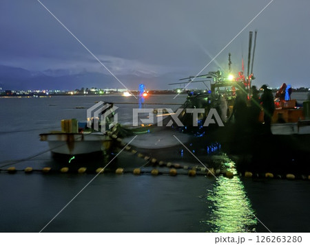 Firefly squid fishing is famous in Namerikawa, Toyama Prefecture, Japan. The large schools of blue lights are a special natural monument. 126263280