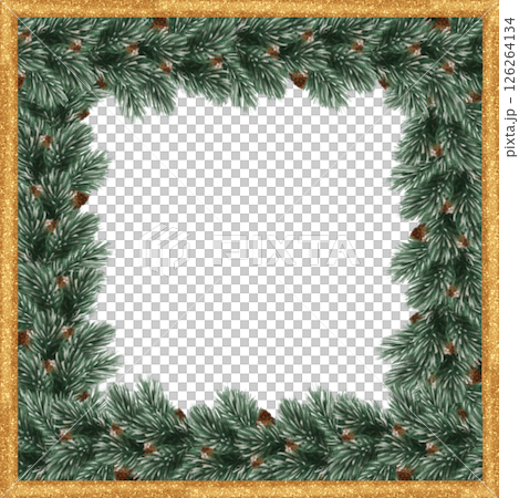 Hand-drawn square frame featuring pine branches, cones, and a gold border, ideal for Christmas decor, holiday greeting cards, and festive designs. 126264134