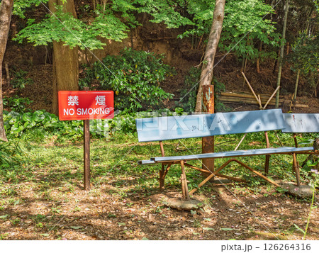 神社の境内に置かれたベンチと「禁煙」の注意書き 126264316