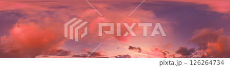 Seamless 360 HDR spherical panorama of sunset sky with vibrant pink Cumulus clouds. Full zenith or sky dome in 3D, sky replacement for aerial drone panoramas. Climate and weather change. Seamless 360 HDR spherical panorama of sunset sky with vibrant pink Cumulus clouds. Full zenith or sky dome in 3D, sky replacement for aerial drone panoramas. Climate and weather change. 126264734