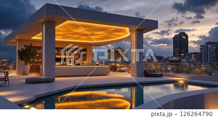 A minimalist rooftop bar with floating seating, clear glass railings, and Sunset Orange lighting, evoking relaxation, warmth, and vibrant nightlife. 126264790