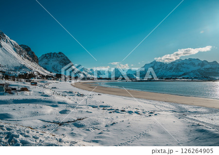 Snowy Ramberg Beach and Mountains in Lofoten 126264905