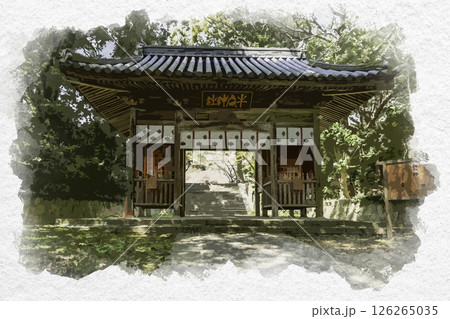 水彩画風　牛窓神社　随身門　岡山県瀬戸内市 126265035