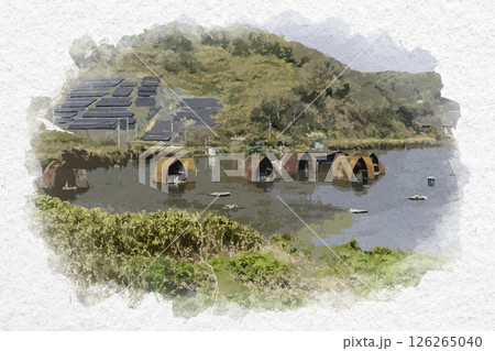 水彩画風　水没ペンション村　鹿忍グリーンファーム跡地　岡山県瀬戸内市 126265040