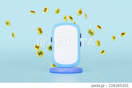 3d mobile phone, smartphone cartoon with explosion of dollar coins isolated on blue background. investment, Internet banking, mobile payments, online shopping, online financial concept, 3d render 3d mobile phone, smartphone cartoon with explosion of dollar coins isolated on blue background. investment, Internet banking, mobile payments, online shopping, online financial concept, 3d render 126265201