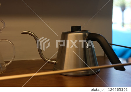 Silver gooseneck kettle, gooseneck kettle, coffee kettle 126265391