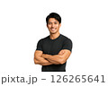 腕を組んで微笑むイケメン細マッチョの20代日本人男性　フィットネスウェア姿の実写風イラスト 126265641