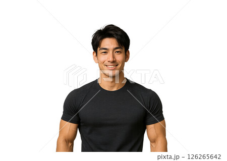 腕を組んで微笑むイケメン細マッチョの20代日本人男性　フィットネスウェア姿の実写風イラスト 126265642