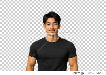 腕を組んで微笑むイケメン細マッチョの20代日本人男性　フィットネスウェア姿の実写風イラスト 126265642