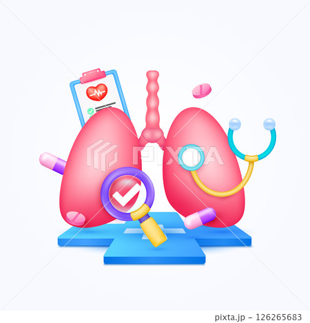 Lung health care with doctor. Pills, Document form board and stethoscope check mark in magnifying glass looking diagnosis floating on cross medical symbols. 3d cartoon organ vector. Lung health care with doctor. Pills, Document form board and stethoscope check mark in magnifying glass looking diagnosis floating on cross medical symbols. 3d cartoon organ vector. 126265683