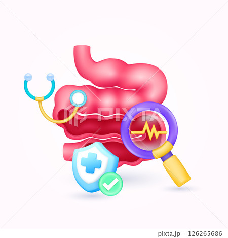 Small intestine health check up with doctor. Yellow heart pulse in magnifying glass looking organ diagnosis and shield symbol cross, check mark button. Medical health care. Cartoon vector. Small intestine health check up with doctor. Yellow heart pulse in magnifying glass looking organ diagnosis and shield symbol cross, check mark button. Medical health care. Cartoon vector. 126265686