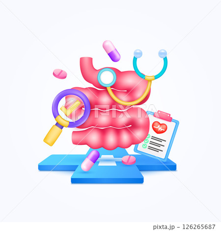 Small intestine health care with doctor. Pills, Document form board and stethoscope check mark in magnifying glass looking diagnosis floating on cross medical symbols. 3d cartoon organ vector. 126265687