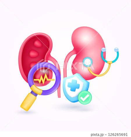 Kidney health check up with doctor. Yellow heart pulse in magnifying glass looking organ diagnosis and shield symbol cross, check mark button. Medical health care. Cartoon vector. 126265691