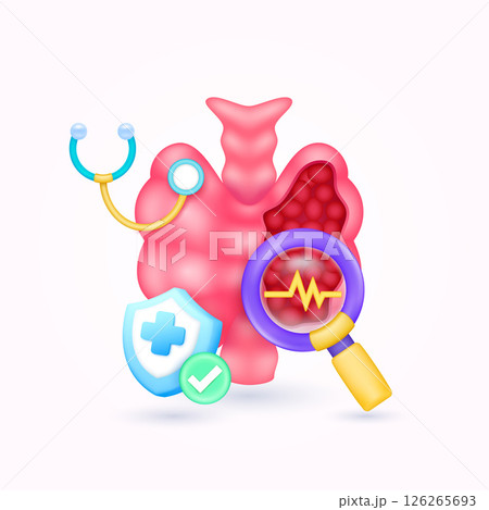Thyroid gland health check up with doctor. Yellow heart pulse in magnifying glass looking organ diagnosis and shield symbol cross, check mark button. Medical health care. Cartoon vector. 126265693