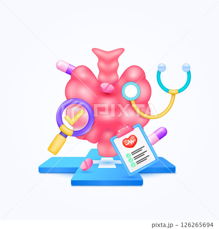 Thyroid gland health care with doctor. Pills, Document form board and stethoscope check mark in magnifying glass looking diagnosis floating on cross medical symbols. 3d cartoon organ vector. 126265694