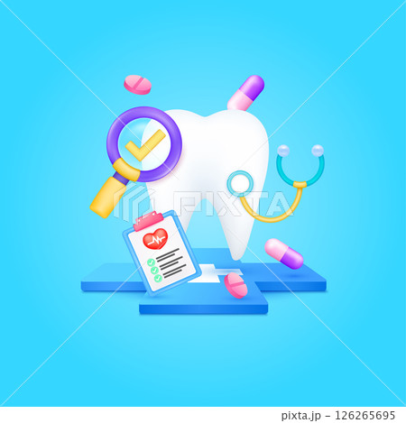 Tooth health care with doctor. Pills, Document form board and stethoscope check mark in magnifying glass looking diagnosis floating on cross medical symbols. 3d cartoon organ vector. 126265695