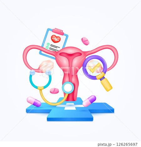 Uterus health care with doctor. Pills, Document form board and stethoscope check mark in magnifying glass looking diagnosis floating on cross medical symbols. 3d cartoon organ vector. 126265697