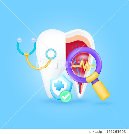 Teeth health check up with doctor. Yellow heart pulse in magnifying glass looking organ diagnosis and shield symbol cross, check mark button. Medical health care. Cartoon vector. 126265698