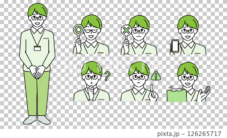 Illustration material set B of a male caregiver in uniform (whole body, bust up / expressive facial expressions & poses) Illustration material set B of a male caregiver in uniform (whole body, bust up / expressive facial expressions & poses) 126265717