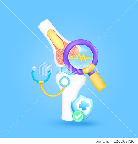 Bone joint knee health check up with doctor. Yellow heart pulse in magnifying glass looking organ diagnosis and shield symbol cross, check mark button. Medical health care. Cartoon vector. Bone joint knee health check up with doctor. Yellow heart pulse in magnifying glass looking organ diagnosis and shield symbol cross, check mark button. Medical health care. Cartoon vector. 126265720