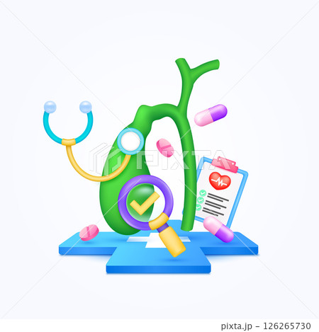Gallbladder health care with doctor. Pills, Document form board and stethoscope check mark in magnifying glass looking diagnosis floating on cross medical symbols. 3d cartoon organ vector. Gallbladder health care with doctor. Pills, Document form board and stethoscope check mark in magnifying glass looking diagnosis floating on cross medical symbols. 3d cartoon organ vector. 126265730