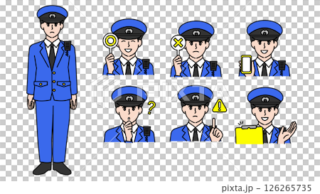 制服姿の男性警察官のイラスト素材セットB(全身・バストアップ/感情豊かな表情&ポーズ) 制服姿の男性警察官のイラスト素材セットB(全身・バストアップ/感情豊かな表情&ポーズ) 126265735