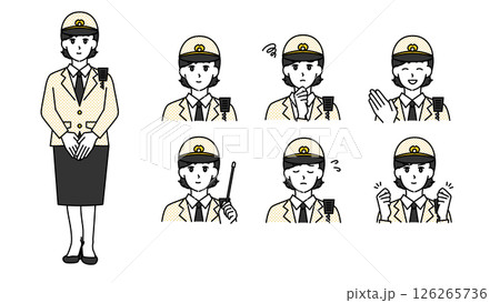 制服姿の女性警察官のイラスト素材セットA（全身・バストアップ／感情豊かな表情＆ポーズ） 126265736