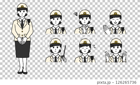 制服姿の女性警察官のイラスト素材セットA（全身・バストアップ／感情豊かな表情＆ポーズ） 126265736