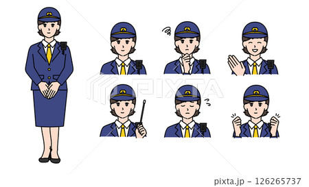 制服姿の女性警察官のイラスト素材セットA（全身・バストアップ／感情豊かな表情＆ポーズ） 126265737