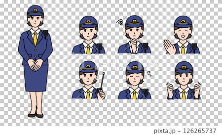制服姿の女性警察官のイラスト素材セットA（全身・バストアップ／感情豊かな表情＆ポーズ） 126265737