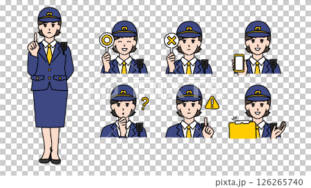 制服姿の女性警察官のイラスト素材セットB（全身・バストアップ／感情豊かな表情＆ポーズ） 126265740