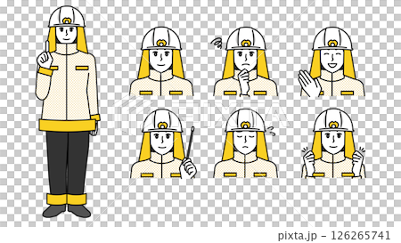 制服姿の男性消防官のイラスト素材セットA（全身・バストアップ／感情豊かな表情＆ポーズ） 126265741