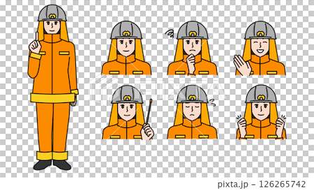 Illustration material set A of a male firefighter in uniform (full body, bust up / expressive facial expressions & poses) 126265742