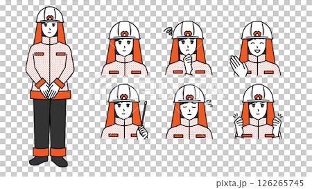 Illustration material set B of a female firefighter in uniform (full body, bust up / expressive facial expressions & poses) 126265745