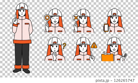 Illustration material set A of female firefighters in uniform (full body, bust up / expressive expressions & poses) 126265747