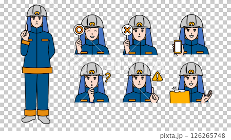 Illustration material set B of a female firefighter in uniform (full body, bust up / expressive facial expressions & poses) 126265748