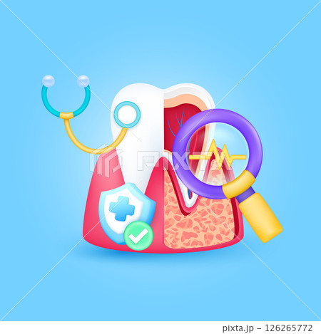 Gum teeth health check up with doctor. Yellow heart pulse in magnifying glass looking organ diagnosis and shield symbol cross, check mark button. Medical health care. Cartoon vector. Gum teeth health check up with doctor. Yellow heart pulse in magnifying glass looking organ diagnosis and shield symbol cross, check mark button. Medical health care. Cartoon vector. 126265772