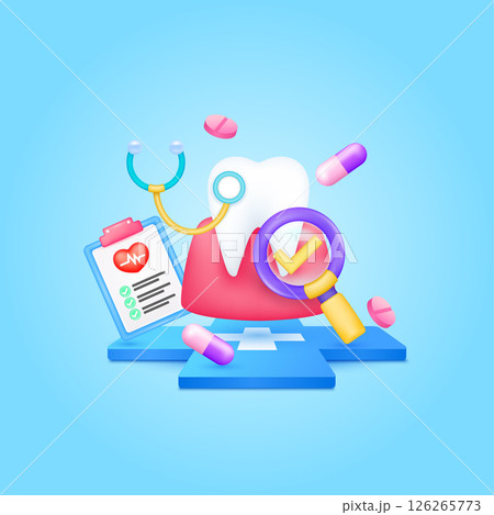Gum tooth health care with doctor. Pills, Document form board and stethoscope check mark in magnifying glass looking diagnosis floating on cross medical symbols. 3d cartoon organ vector. Gum tooth health care with doctor. Pills, Document form board and stethoscope check mark in magnifying glass looking diagnosis floating on cross medical symbols. 3d cartoon organ vector. 126265773