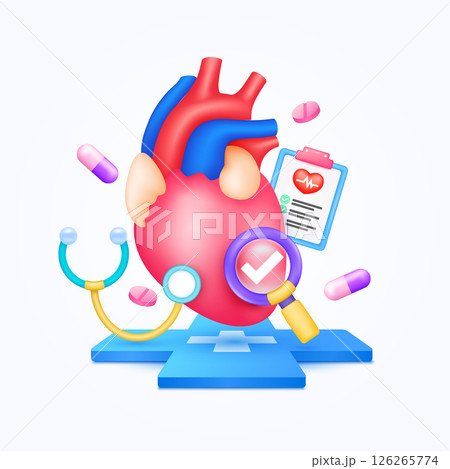 Heart health care with doctor. Pills, Document form board and stethoscope check mark in magnifying glass looking diagnosis floating on cross medical symbols. 3d cartoon organ vector. Heart health care with doctor. Pills, Document form board and stethoscope check mark in magnifying glass looking diagnosis floating on cross medical symbols. 3d cartoon organ vector. 126265774