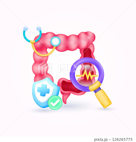 Intestine health check up with doctor. Yellow heart pulse in magnifying glass looking bladder diagnosis and shield symbol cross, check mark button. Medical health care. Organ anatomy cartoon vec 126265775